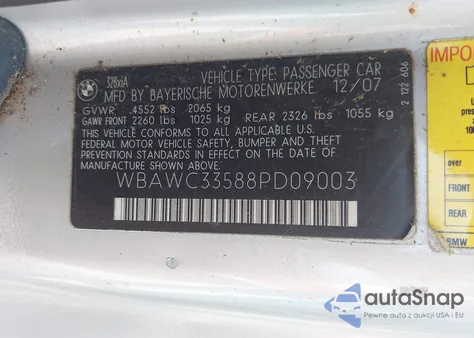 2008 BMW 328Xi z USA, uszkodzony, nr VIN WBAWC33588PD09003